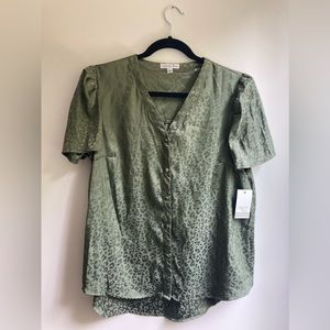 Ophelia Roe Green Blouse with leopard print.